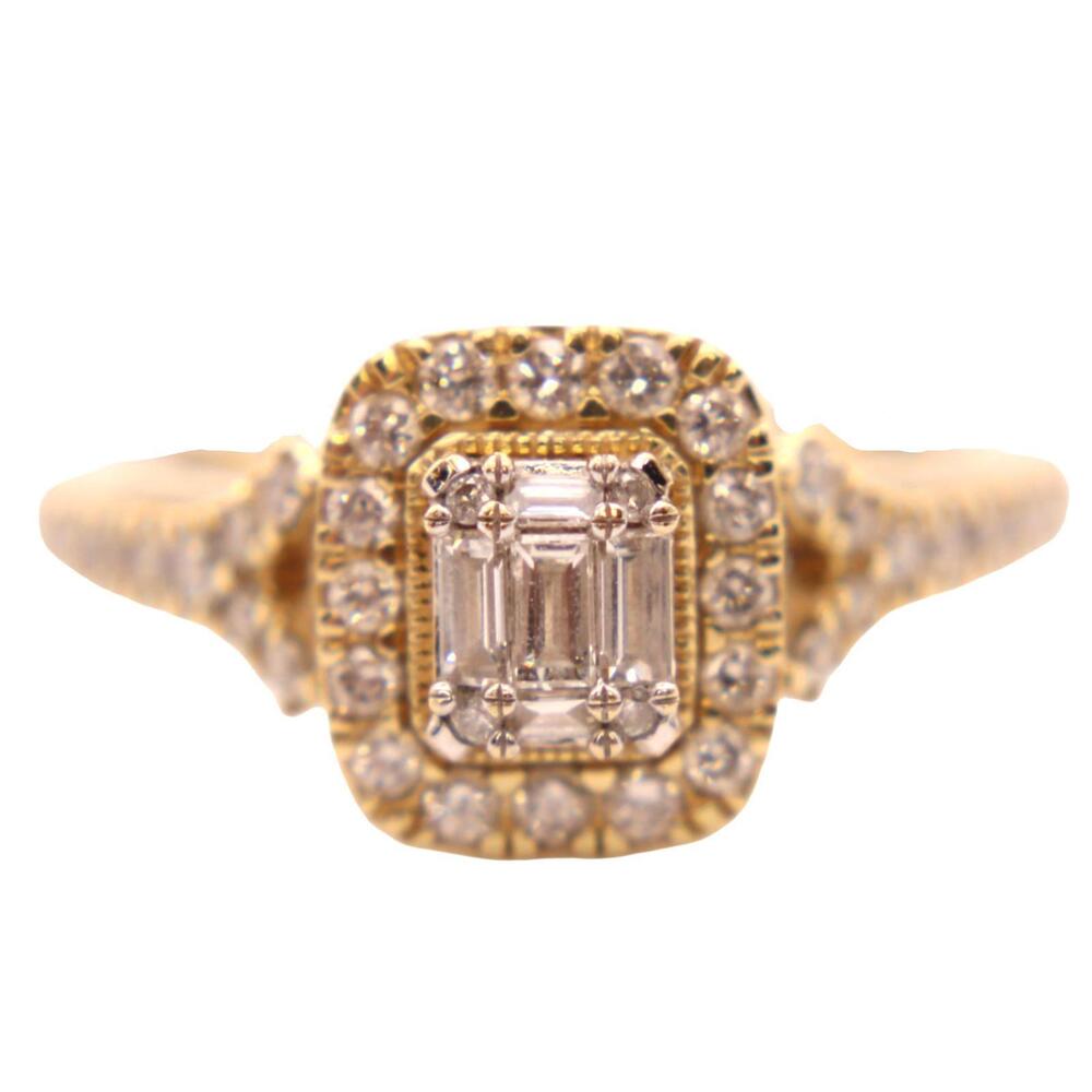 14kt Yellow Gold Diamond Round & Emerald Cut Midcentury Modern Engagement Ring